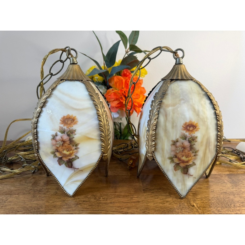 Pair Vintage Floral Slag Glass Swag Lamps Brass Hollywood Regency Hanging